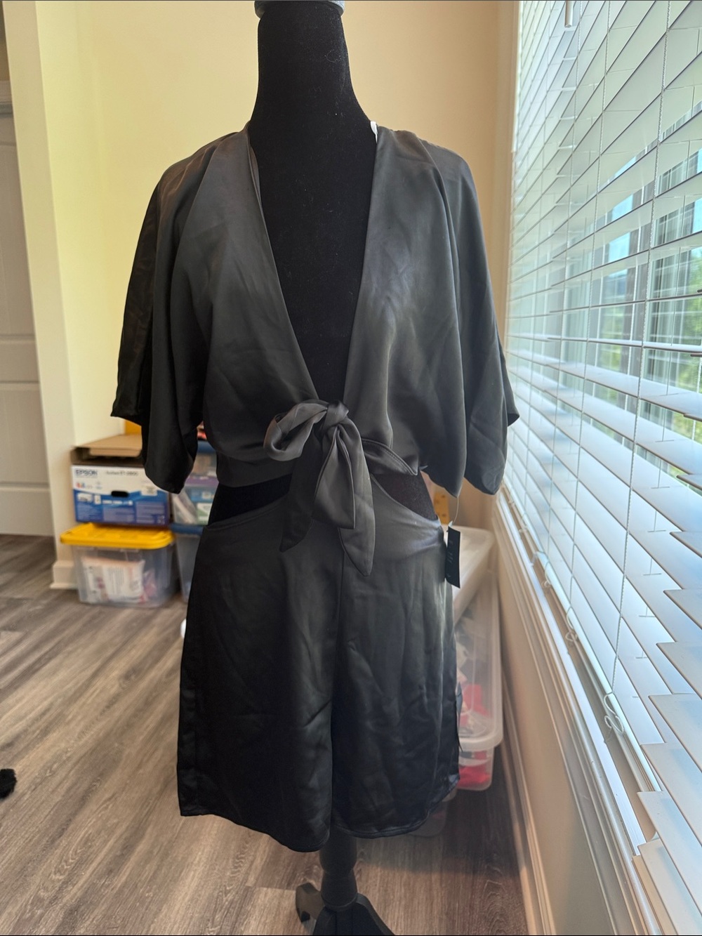 NWT Lulu's Black Satin Short Sleeve Cutout Romper